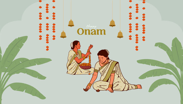 Happy Onam calligraphy with a South Indian woman celebrating the Onam festival, editable vector illustration for the social media post, greeting card, and packaging. 