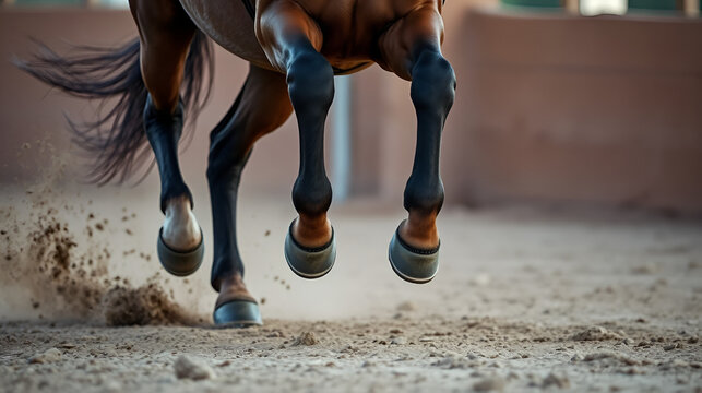 Focused image capturing galloping horse hooves as they powerfully move through dirt, conveying equestrian energy, speed, and the essence of motion and freedom.