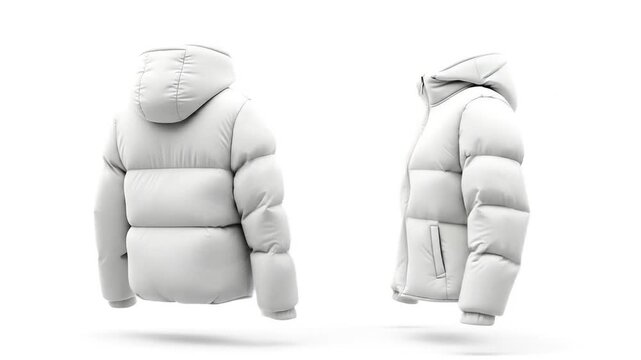 White Puffer Jacket with Hood Displayed from Front and Back in Studio Setting
