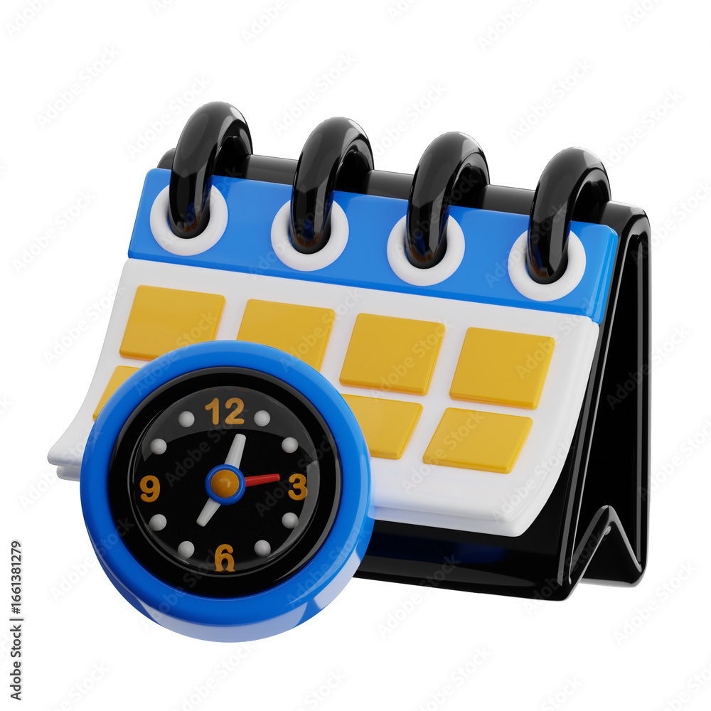 Poster clock and calendar icon showing appointment scheduling and time management on transparent background