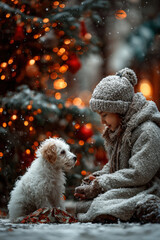 young boy and his playful puppy are filled with wonder as they admire magical winter landscape