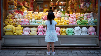 little girl stands enchanted before shop window filled with delightful plush toys