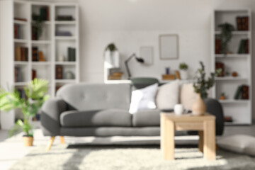 Blurred view of light living room with grey sofa, tables and bookshelves