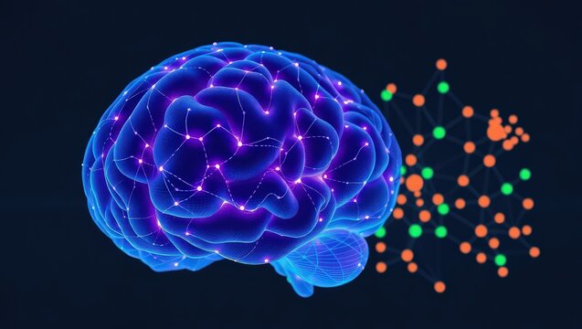A glowing blue brain with connected nodes and orange and green dots on a dark background art
