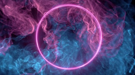 Glowing neon circle in vibrant magenta and cyan smoke with radiant light effects symbolizing futuristic energy aura balance and abstract fantasy design in a dark atmospheric digital background - Powered by Adobe