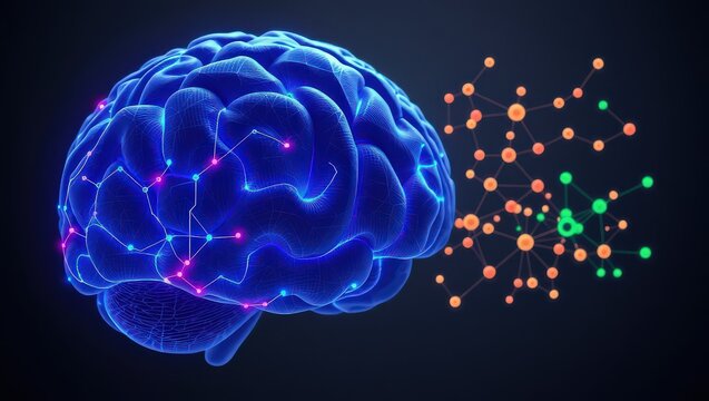 A blue brain with pink and blue connections and an orange and green network on a dark background