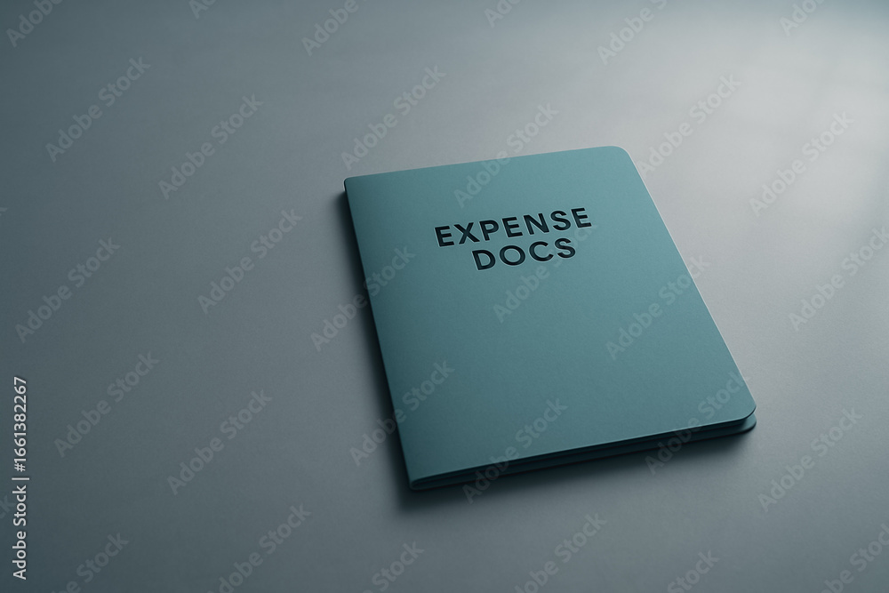 Aufkleber expense docs: a close-up view of a simple, lightly textured notebook, embossed with the words expens