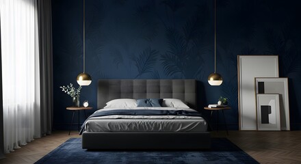 Modern Navy Blue Bedroom with Embossed Palm Leaf Textures and Minimalist Design 2