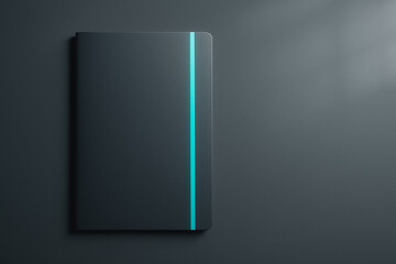 Sleek Notebook: a sophisticated, matte-black notebook is showcased, the minimalist design accented by a vibrant, teal vertical line creating a stunning, professional, modern aesthetic.