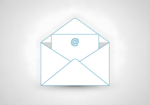 Minimalist blue line art illustration of an open envelope with a card showing the email at symbol.
