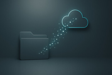 Cloud Data Transfer: A futuristic, minimalist 3D rendering portrays the secure transfer of data from a digital folder to a glowing cloud, suggesting seamless connectivity and modern data management.