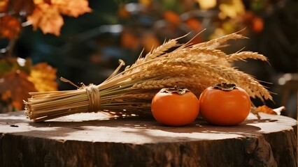 Persimmons and wheat sheaf on a tree stump in an autumn setting