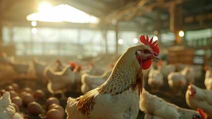 A large group of chickens pecking and roosting in a rustic barn