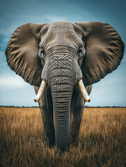 Naklejka premium Majestic African elephant, powerful presence, savanna grasslands