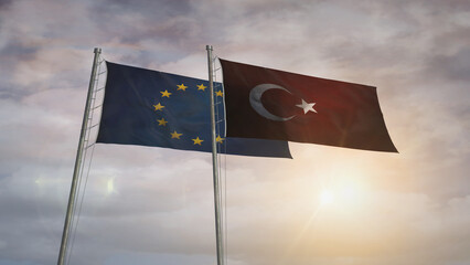 EU Turkey waving flags 3d illustration