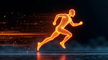 Obraz premium Running human figure formed by glowing amber dots, abstract motion on dark futuristic background, for concepts related to AI, technology, human potential, and conceptual editorial use