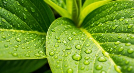 Close-up view of vibrant green leaves covered in glistening water droplets.