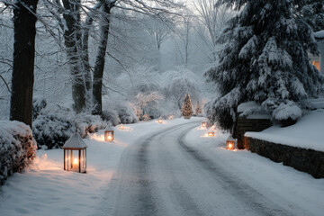snowy road illuminated by warm lights and festive signs creates magical winter landscape at dusk