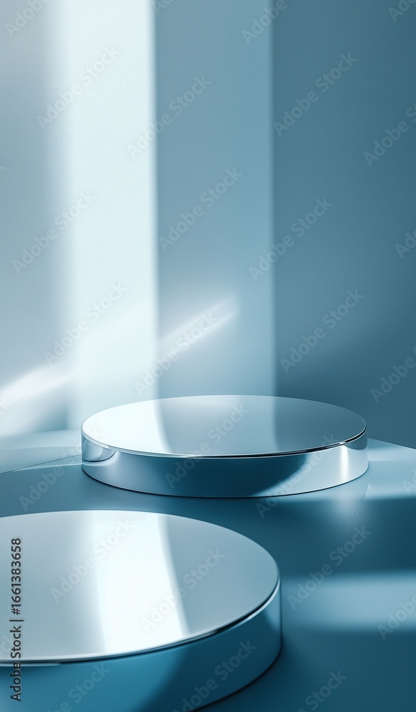 Poster two shiny metallic circular pedestals arranged on light blue background with soft lighting, elegant 
