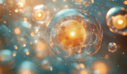 human cells with golden energy particles and clear antioxidant spheres, showcasing quantum mechanics in medicine through dynamic molecular movement and luminous biological interactions