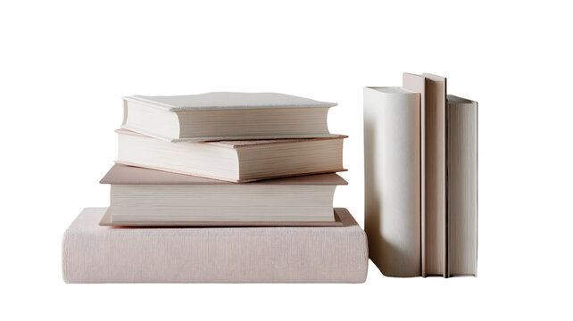 Elegant stack of neutral-toned books against a stark transparent backdrop, creating a minimalist composition - Powered by Adobe