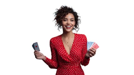 Cheerful woman of mixed ethnicity holding playing cards, wearing a vibrant polka-dot dress.