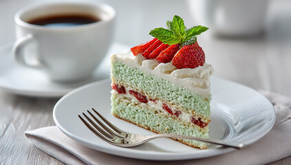 Slice of pistachio cake with strawberries and whipped cream served with coffee
