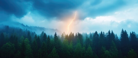 Lightning strike over misty forest