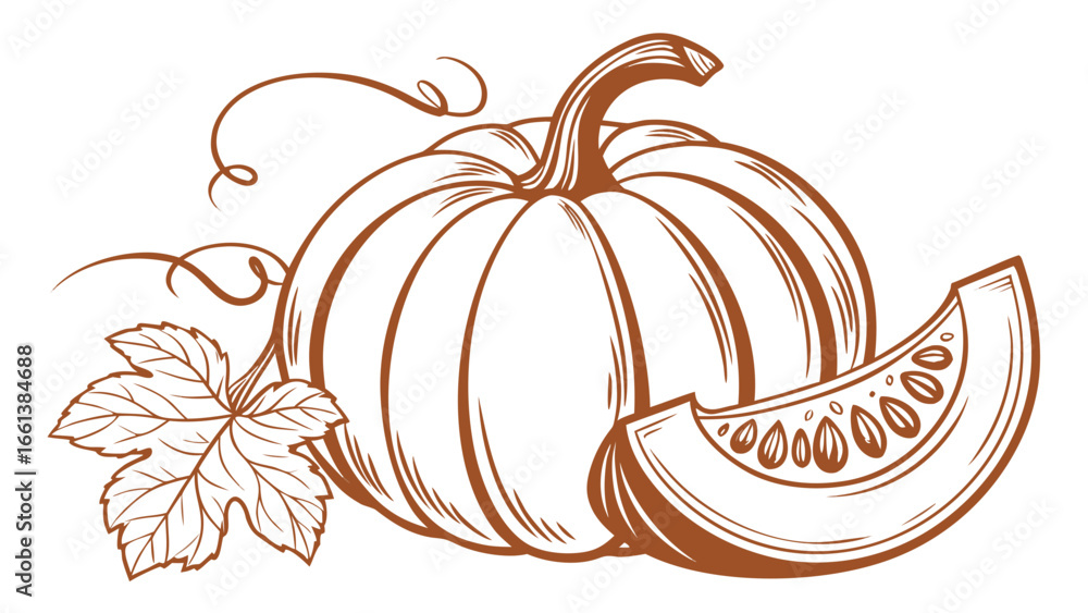 Aufkleber illustration of a pumpkin with a slice and leaf in brown outline on a white background image design 