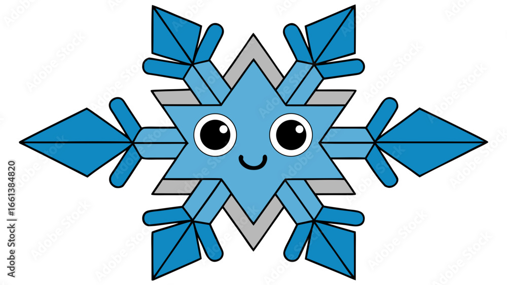 Poster illustration of a cute blue snowflake with eyes and smile on a white background design element creat