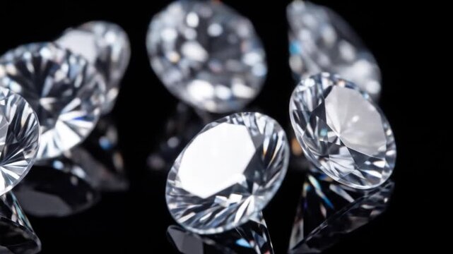 Multiple Faceted Cut Diamonds with Intense Shine Displayed on a Black Reflective Surface and Dark Background with Focus on Gems