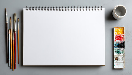 Blank spiral bound sketchbook with paint brushes and watercolor palette on a gray surface