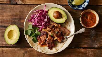 Tacos with shredded meat, avocado, red cabbage, and cilantro served on a rustic wooden table
