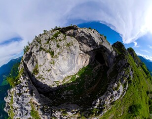 Panoramic view of a mountaintop cave