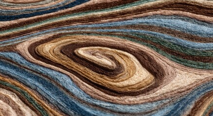 Detailed abstract design of layered, swirling threads in muted earth tones and blues.
