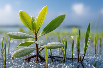 Close-up of young, frost-covered plants on a watery shoreline