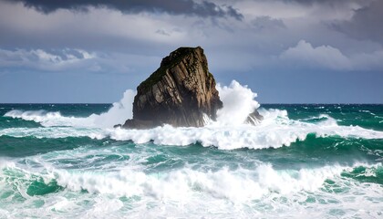 Dramatic coastal scene showcasing powerful waves crashing against a rocky island under an overcast