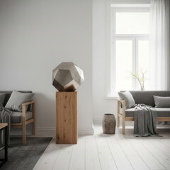 A minimalist living room with light grey sofas, wooden furniture, a geometric sculpture on a pedestal, and large windows providing natural light.