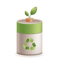 3D rechargeable battery icon in eco-friendly design, glossy cylindrical shape, clean symbol of renewable energy, sustainability, and green technology.