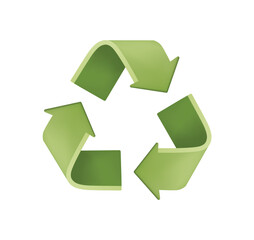 3D recycling icon in eco-friendly style, glossy green arrows forming a loop, clean symbol of sustainability, renewable resources, and environmental care