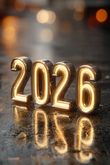 A close-up of illuminated "2026" numerals reflecting on a smooth, wet surface, implying a fresh, clean start.