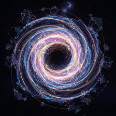 Vibrant swirling cosmic vortex with geometric patterns and glowing particles on a dark background, resembling a digital galaxy or abstract energy flow.