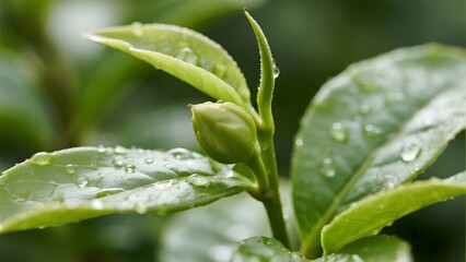Fresh tea leaves with dew drops, showcasing a vibrant green bud amidst lush foliage.