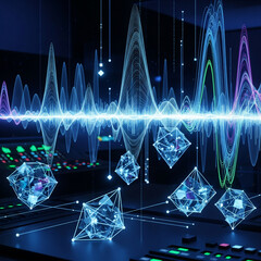 Abstract digital sound waves and data visualization with glowing geometric structures on a futuristic control panel, representing advanced technology and information flow.