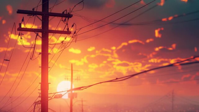 A telephone pole at sunset with the sky ablaze in warm colors