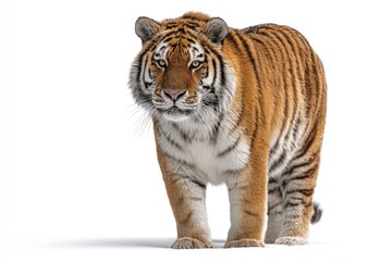 Fototapeta premium A tiger stands centered against a white background