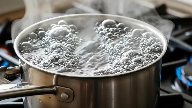 Dynamic view: Stainless steel pot vigorously boiling water on a gas stove burner close up showing