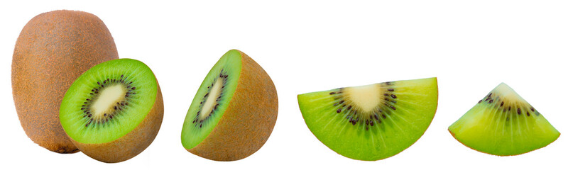 fresh kiwi fruit, whole and sliced on white background.
