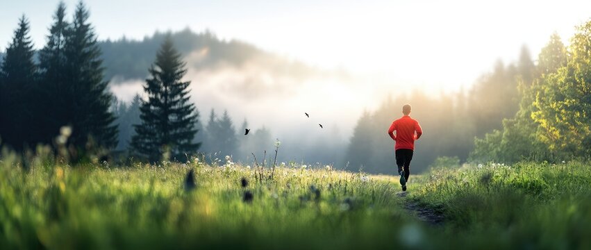 Man jogging through fields on a sunny morning