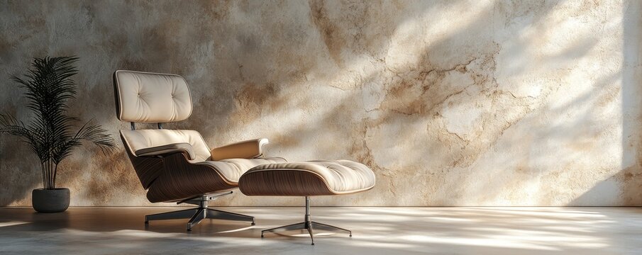Recliner chair positioned against stone and stucco wall with ample copy space, reflecting minimalist home interior design for a modern living room. 3D rendering, Generative AI
